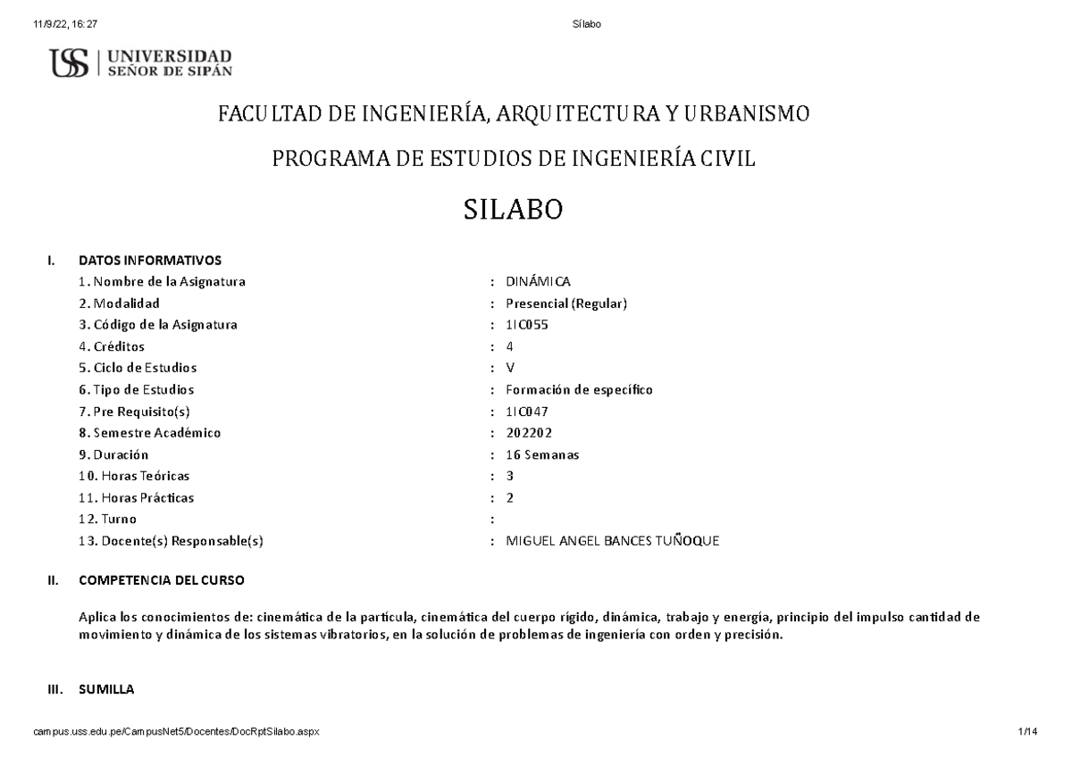 Sílabo Dinámica 2022 II ING. Civil - FACULTAD DE INGENIERÍA ...