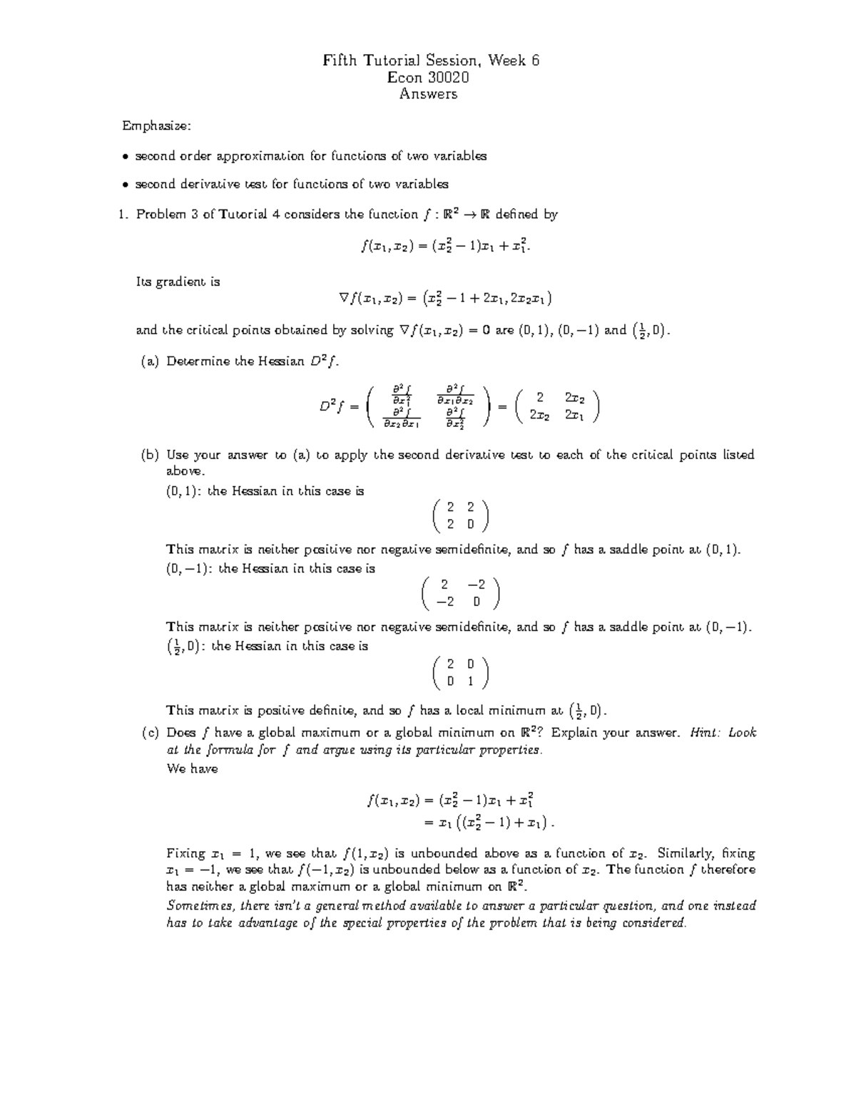 Tutorial 05Answers - Fifth Tutorial Session, Week 6 Econ 30020 Answers ...