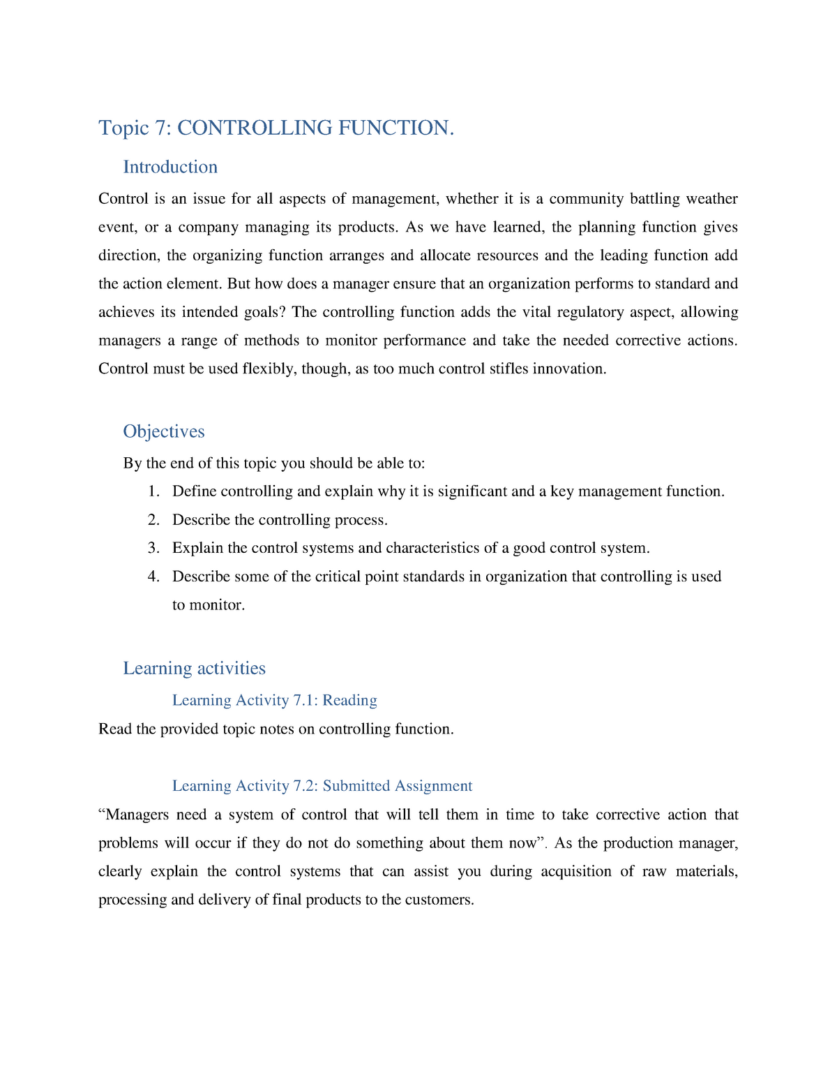 case study on controlling function