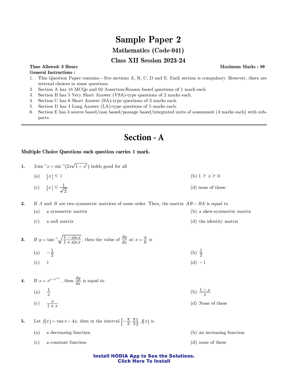 MA Sample Paper 2 Unsolved - CBSE Mathematics Class 12 Sample Paper 2 ...