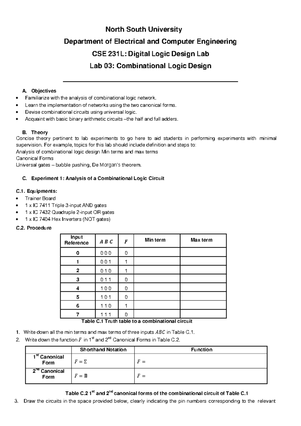 CSE231 Lab Manual 03 Combinational Logic Design - North South ...