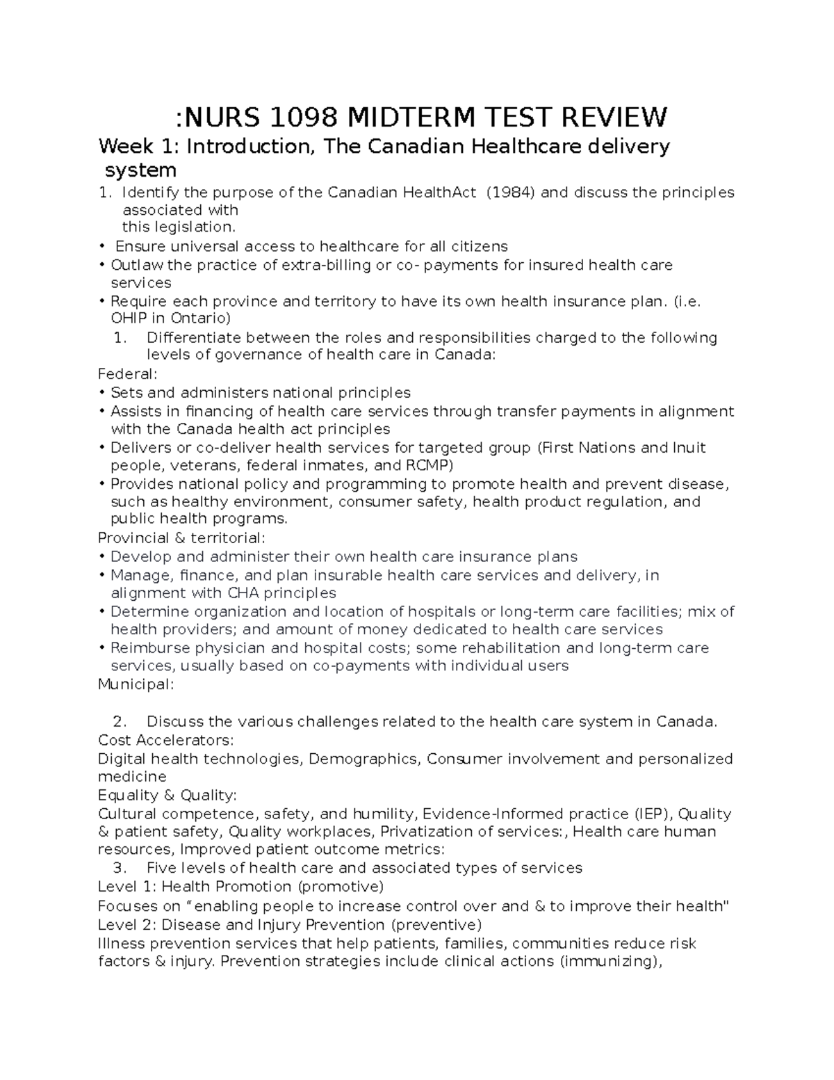 NURS 1098 Midterm TEST Review - ANAT 1052 - George Brown College - Studocu