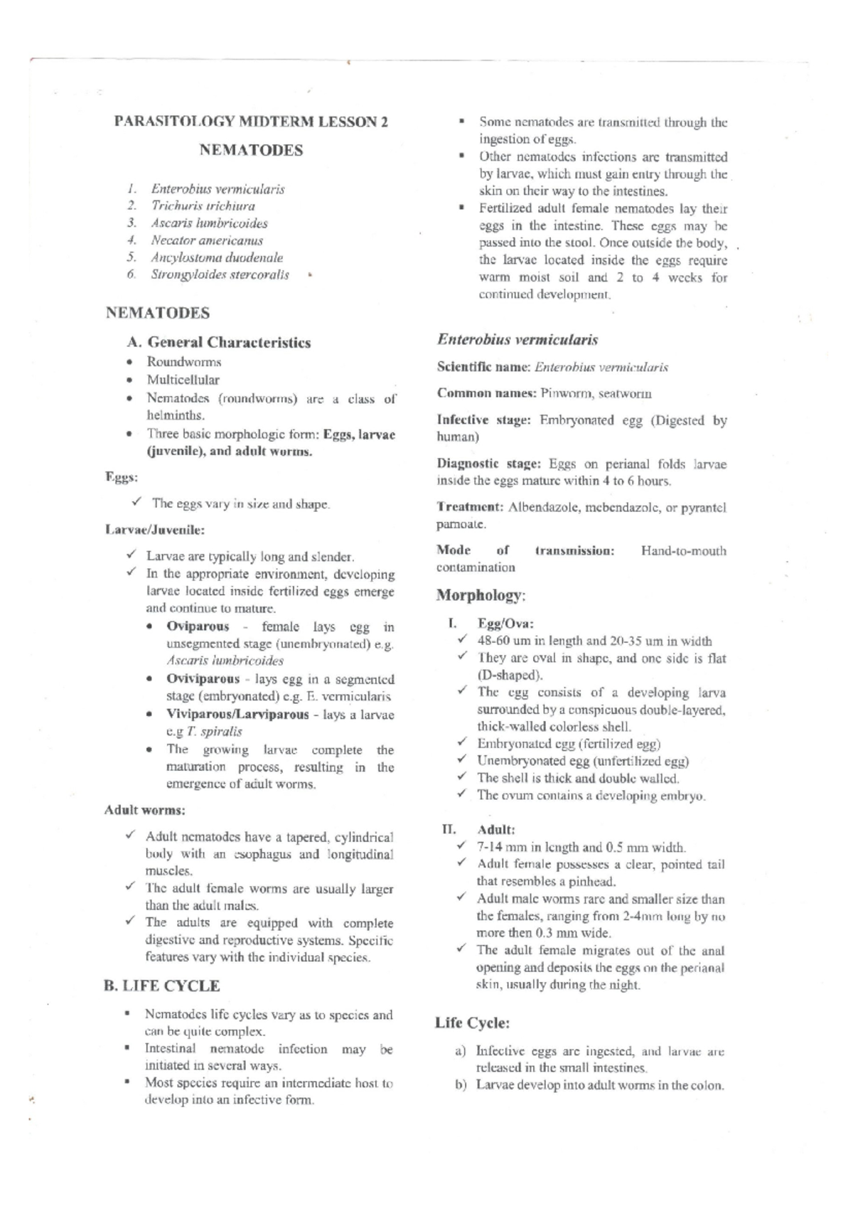 Lesson 2 ( Midterm) NEMATODES - Medical Technology - Studocu