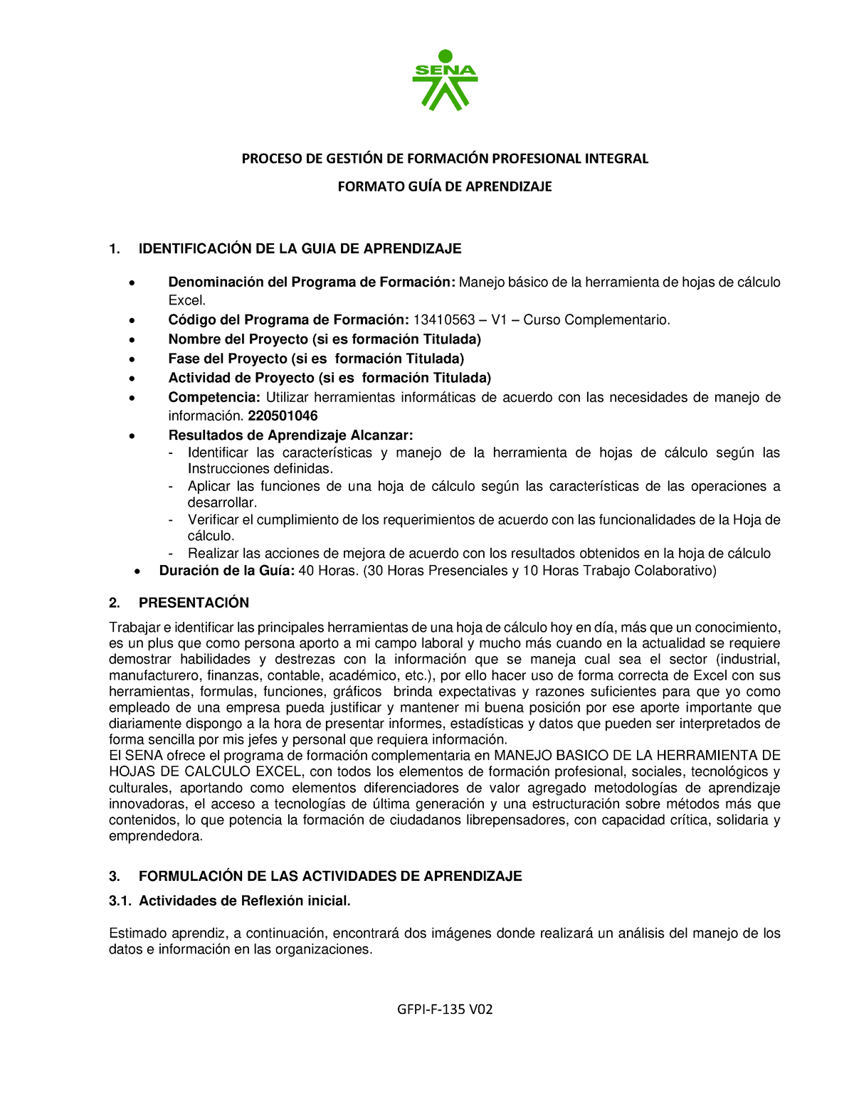 GFP-F-135 GUIA DE Aprendizaje Excel Basico - PROCESO DE GESTI”N DE ...