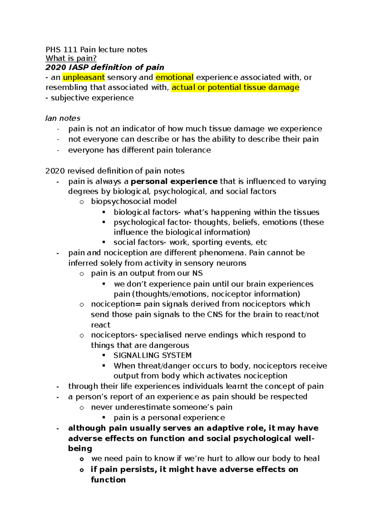 Pain quiz notes PHS111 - PHS 111 Pain lecture notes What is pain? 2020 ...