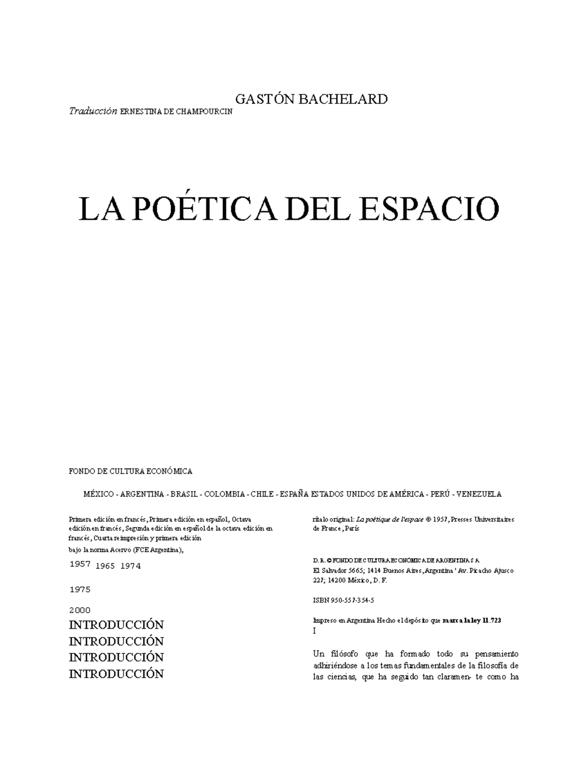 1 Bachelard Gaston LA Poetica DEL Espacio - Traducción ERNESTINA DE ...