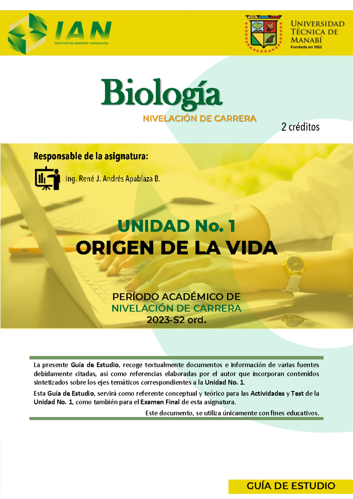 Biologia unificado - GUÍA DE ESTUDIO UNIDAD No. 1 ORIGEN DE LA VIDA ...