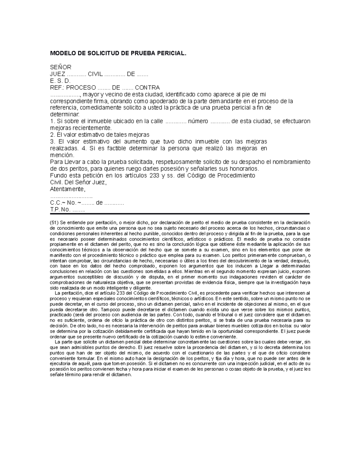 Modelo De Solicitud De Prueba Pericial Modelo De Solicitud De Prueba Pericial SeÑor Juez 3524