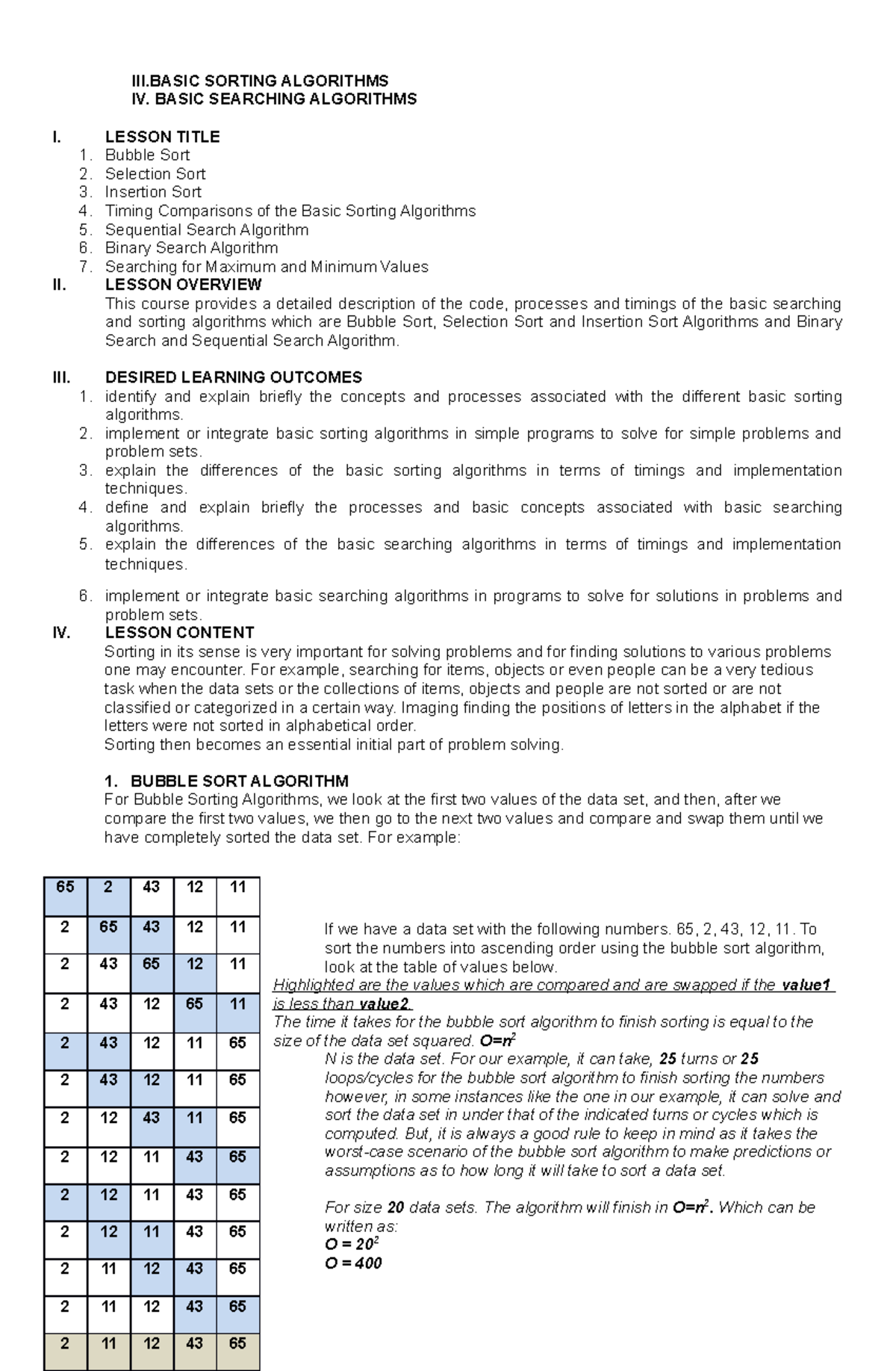 Data Structures and Algorithms IM2 - III SORTING ALGORITHMS IV. BASIC ...