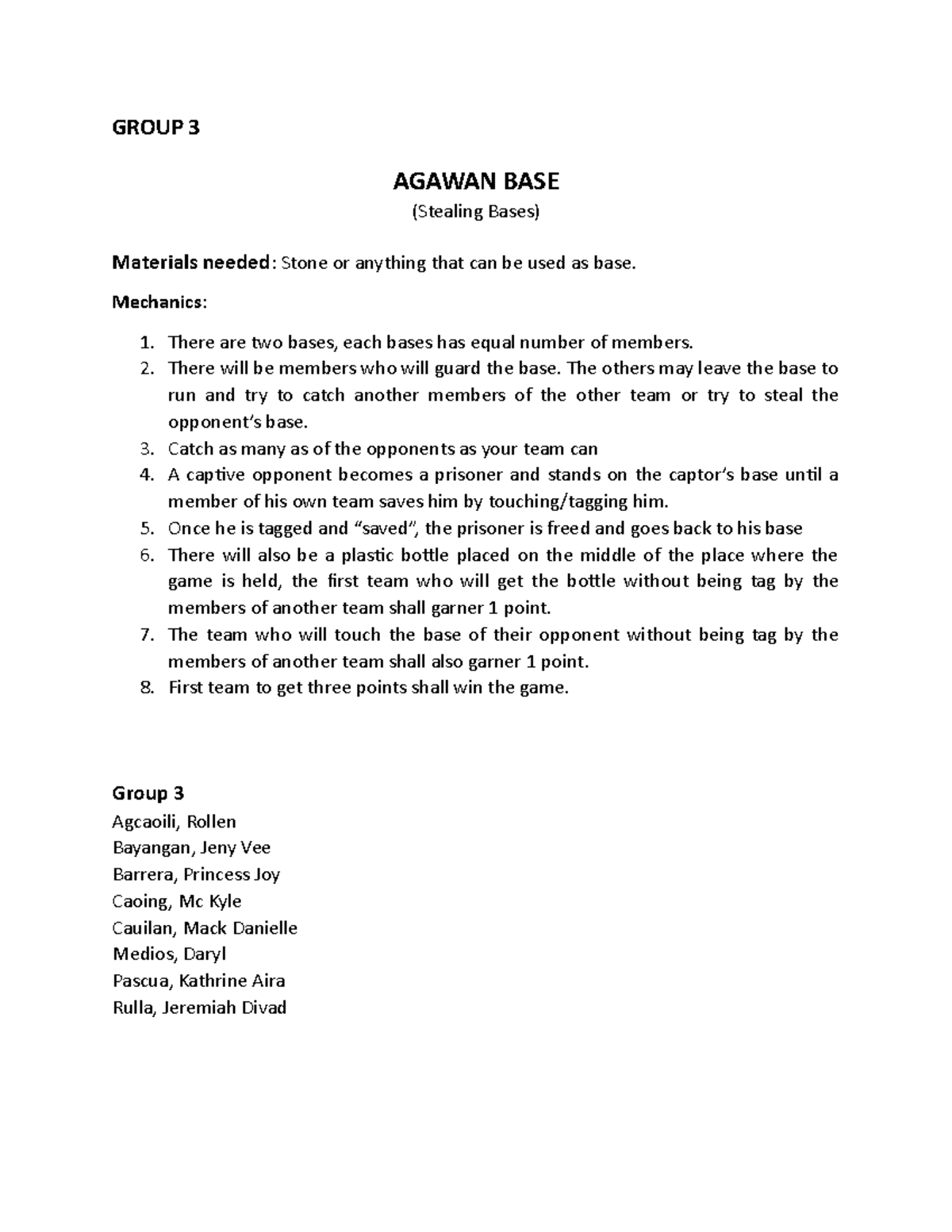 Agawan base Group 3 notes GROUP 3 AGAWAN BASE (Stealing Bases