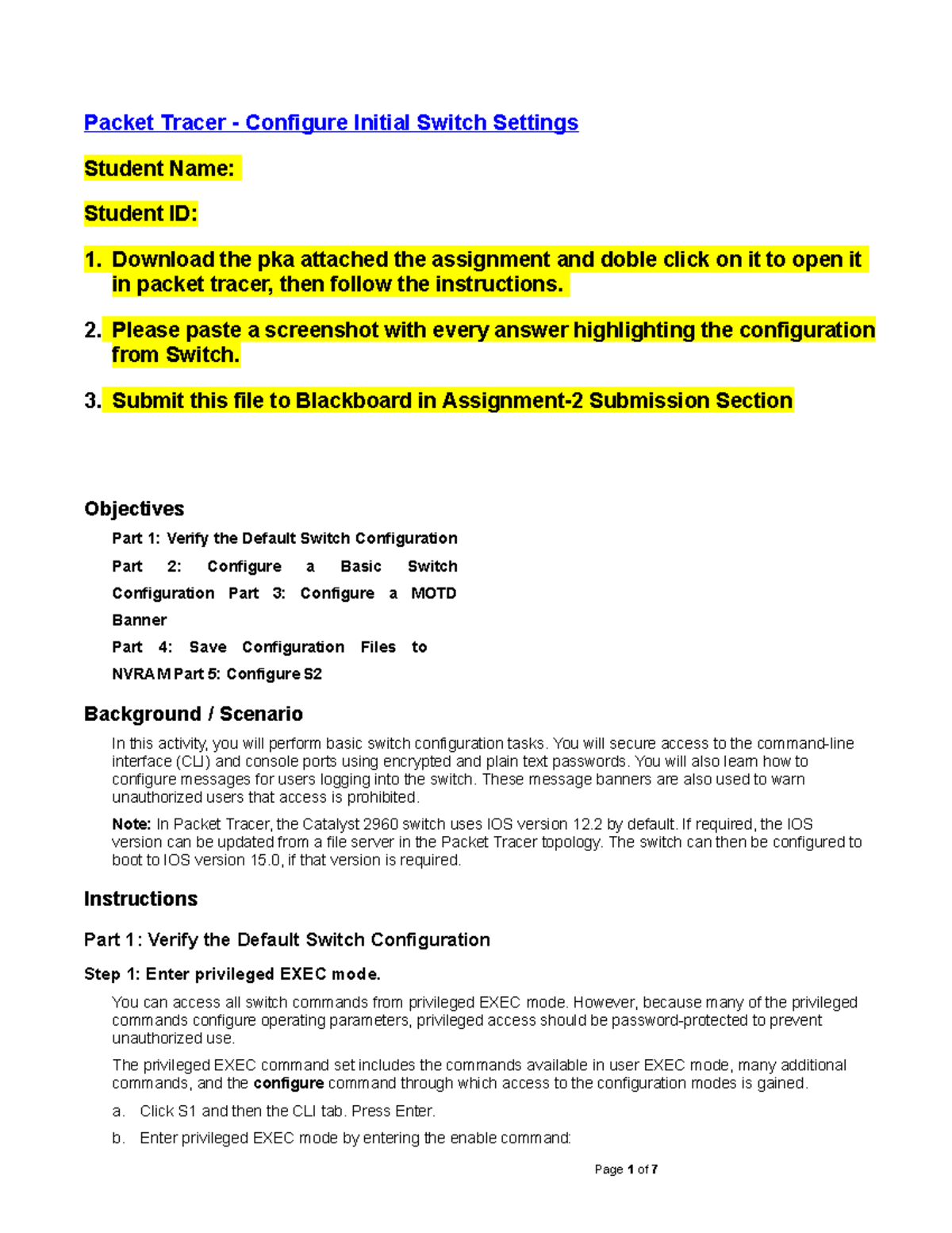 Assignment - Configure Initial Switch Settings - Page 1 of 7 Packet ...