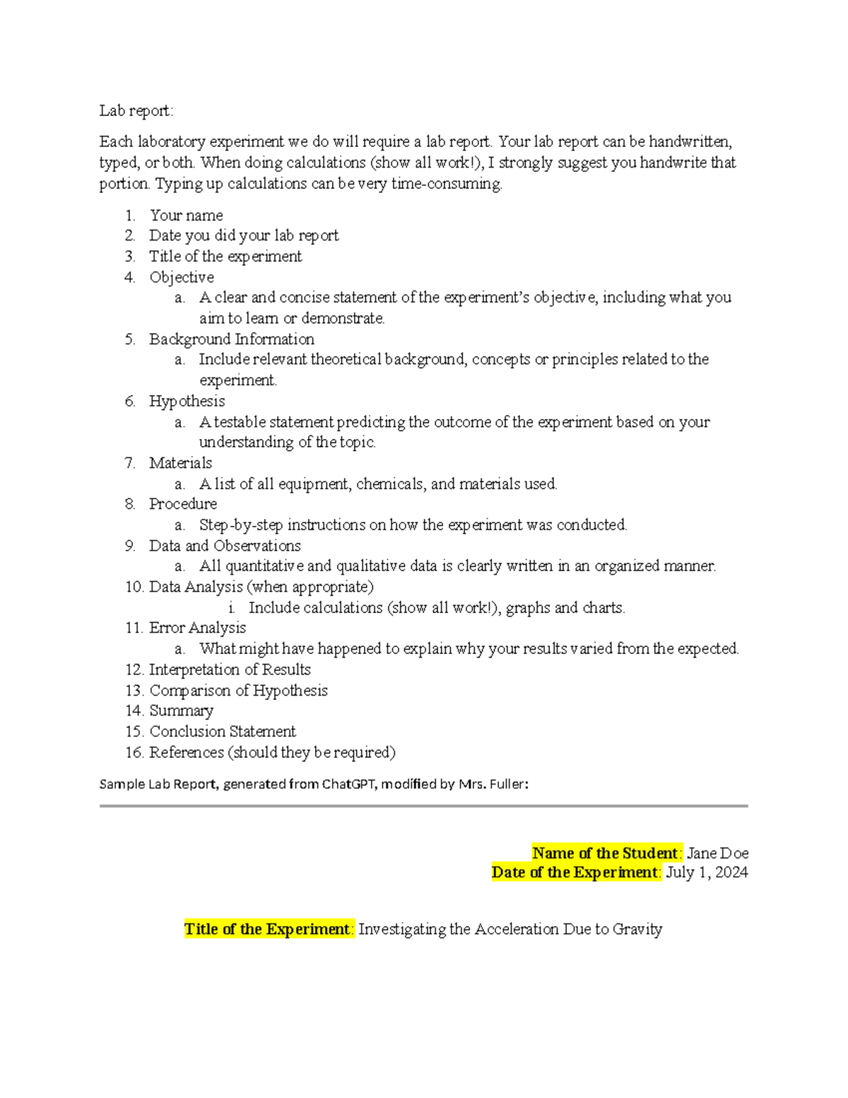 How to do a Lab report outline for physics labs, with an example ...