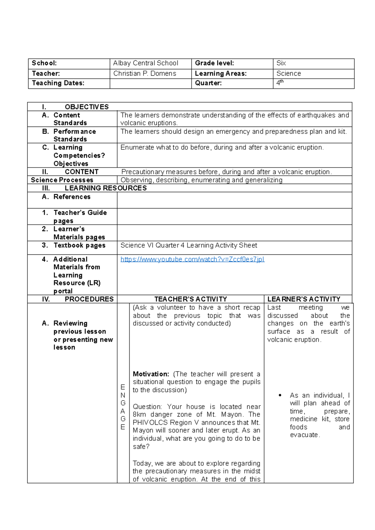 Volcanic Eruption - Summary Bachelor of Elementary Education - School ...