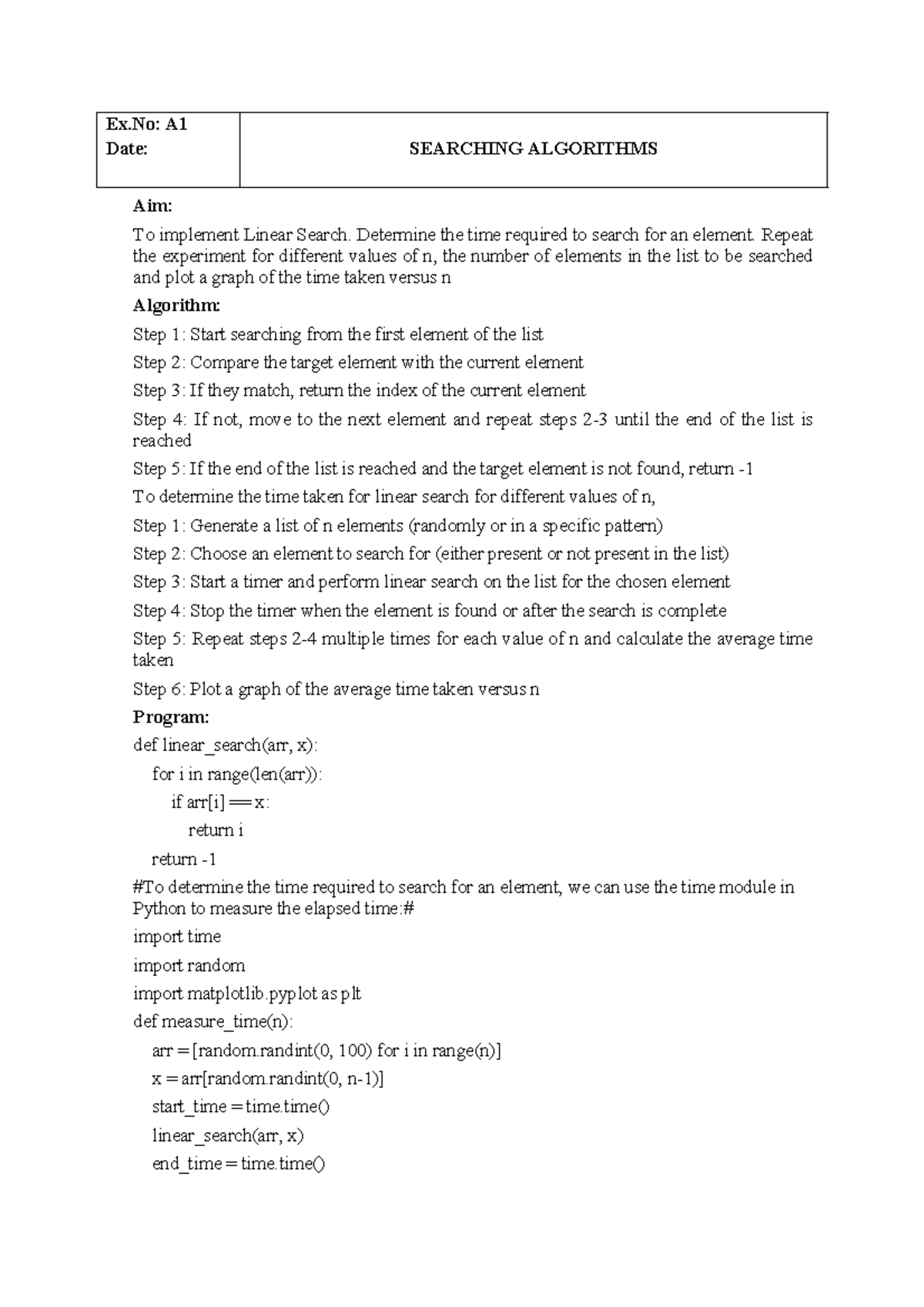 DAA Lab - Ex: A Date: SEARCHING ALGORITHMS Aim: To implement Linear ...
