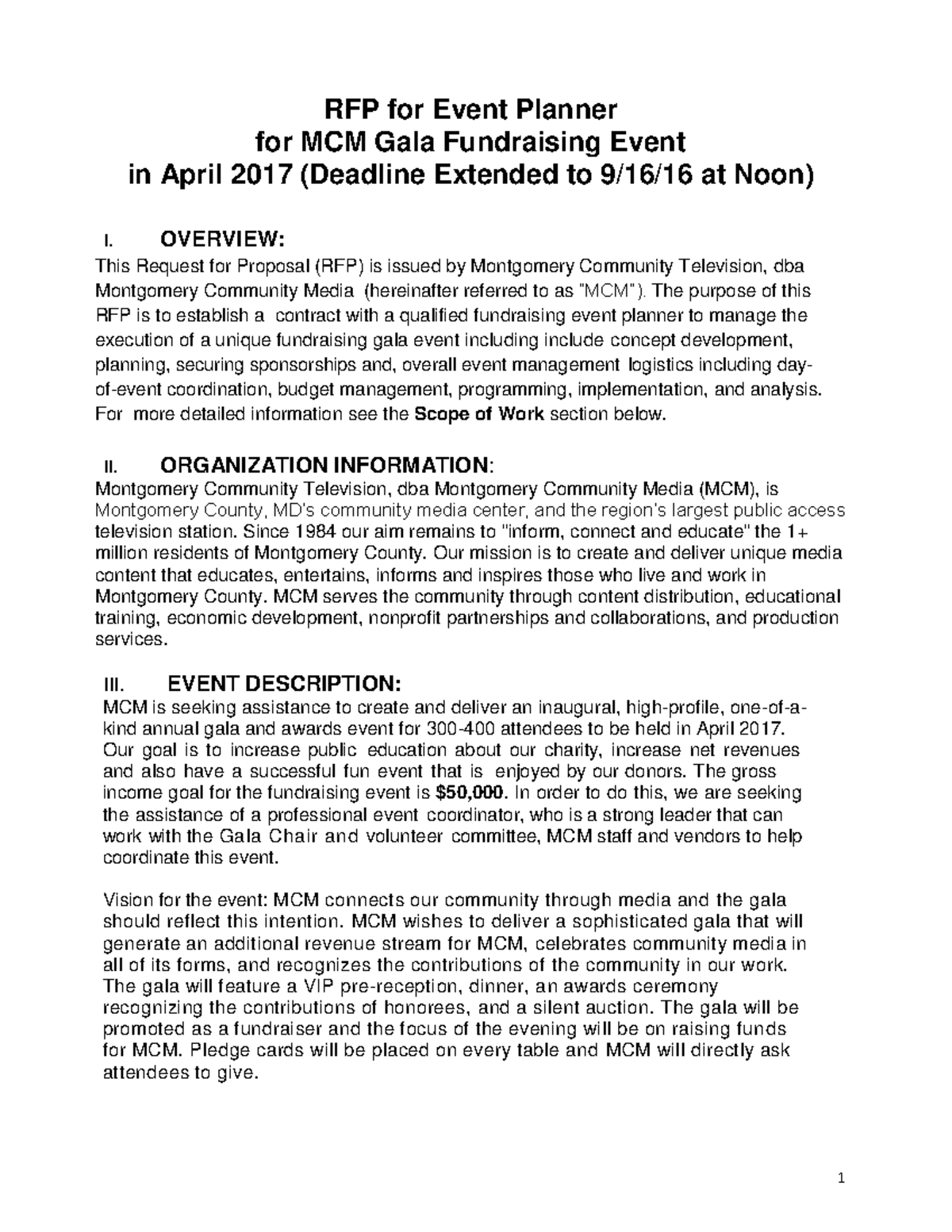 Event Planner Request for Proposal 1 RFP for Event Planner for MCM