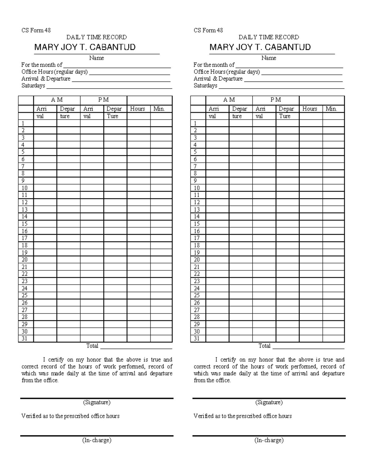 Cs-48-form - Daily Time Record - Cs Form 48 Daily Time Record Name For 