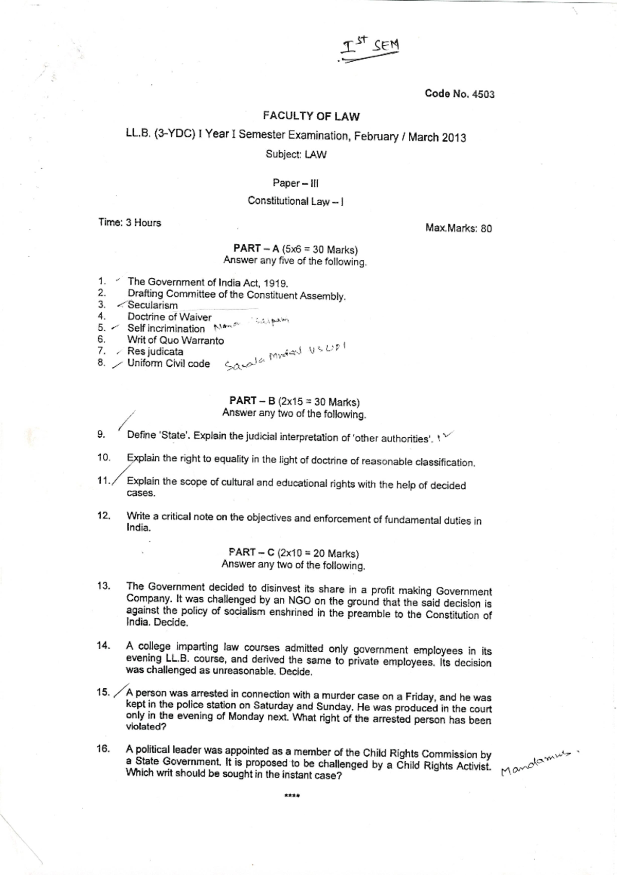 Paper III Constitutional LAW I LLB LAW (Honors Studocu