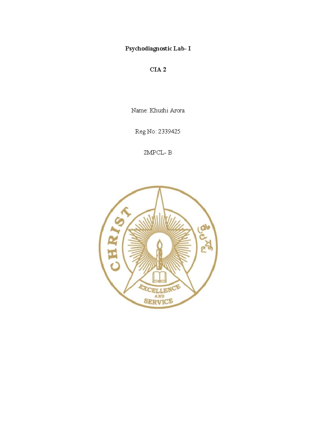 CIA 2 - This contains material for CIA - Psychodiagnostic Lab- I CIA 2 ...