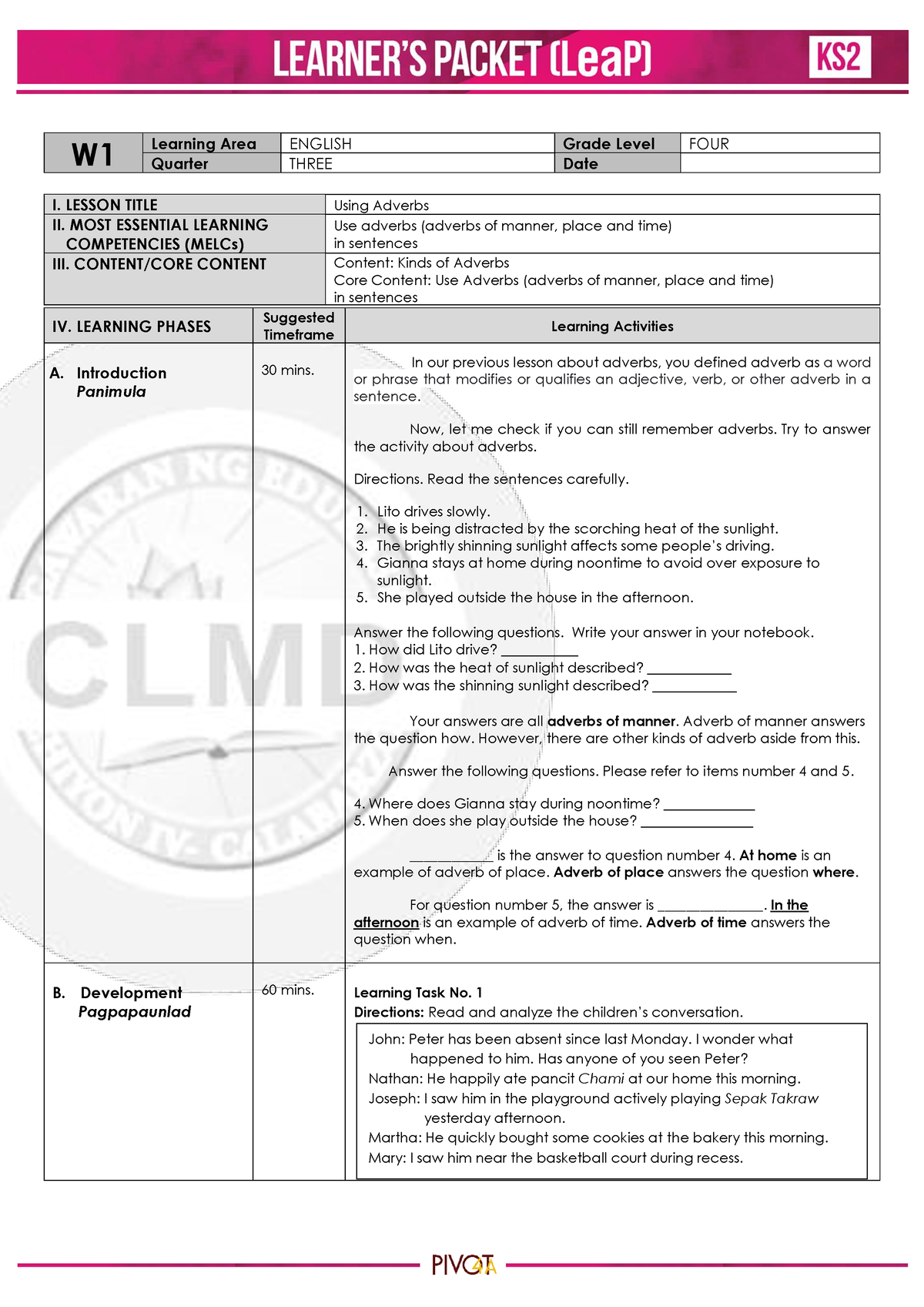 English 4 Q3 Week 1 Learning Material W Learning Area English Grade Level Four Quarter Three 1696