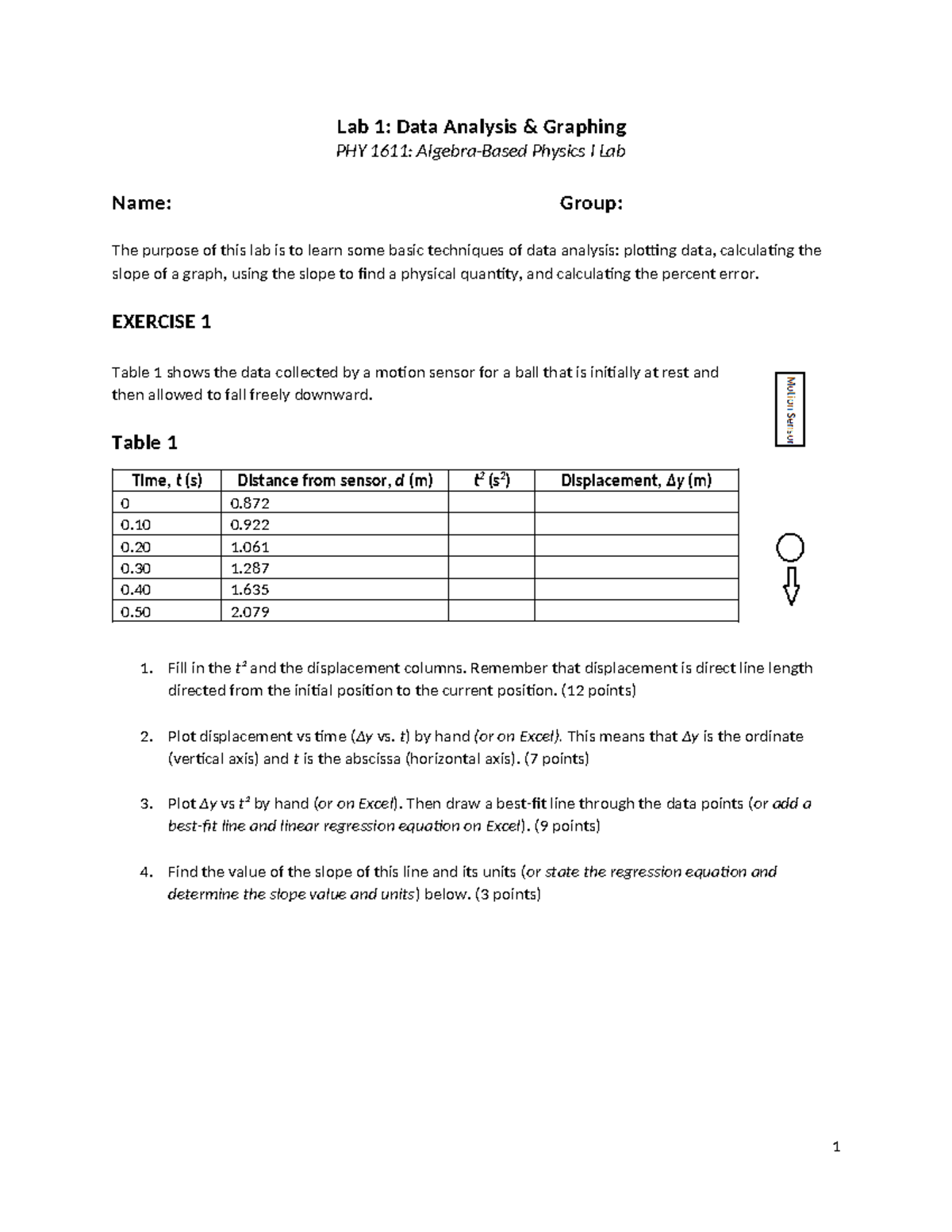 UTSA PHY 1611 Lab 1 Worksheet Lab 1 Data Analysis & Graphing PHY