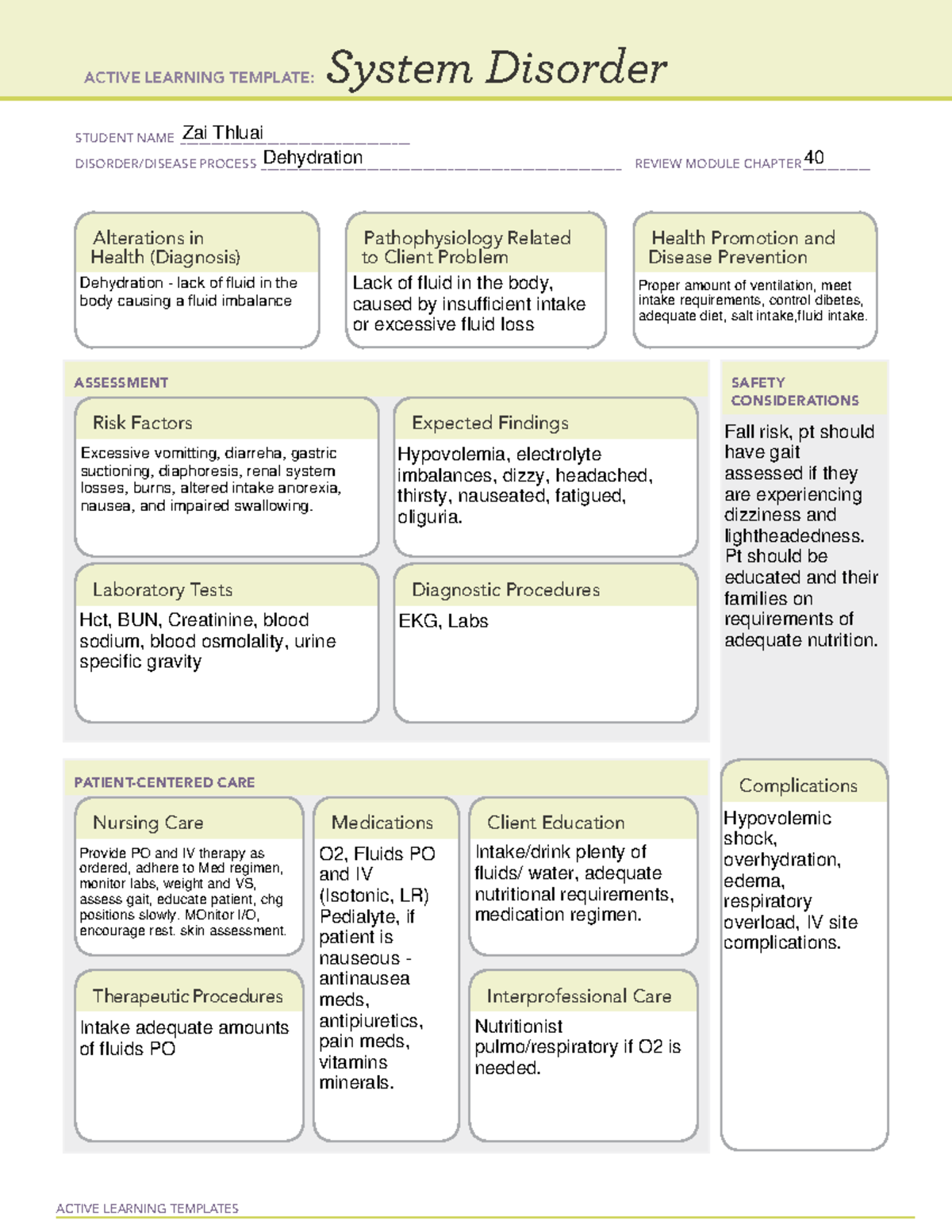 Dehydration ATI - ACTIVE LEARNING TEMPLATES System Disorder STUDENT ...