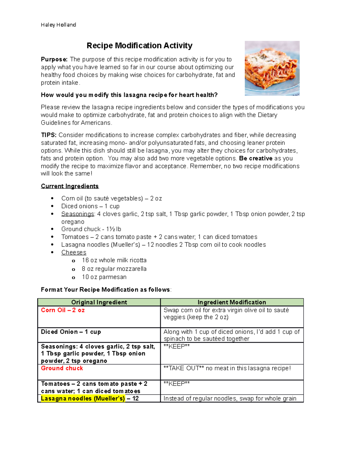 Recipe Modification Activity Haley Holland Recipe Modification