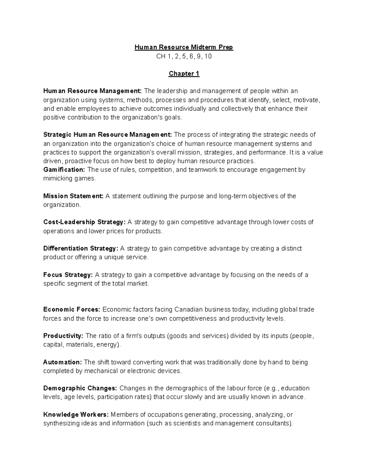Chapter 1 Notes - Human Resource Midterm Prep CH 1, 2, 5, 6, 9, 10 ...