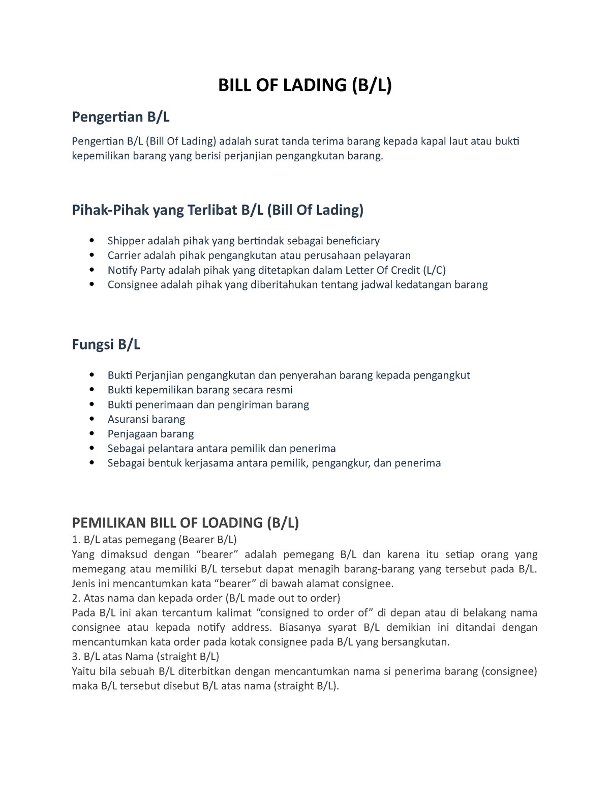 Materi BILL OF Lading - BILL OF LADING (B/L) Pengertian B/L Pengertian ...