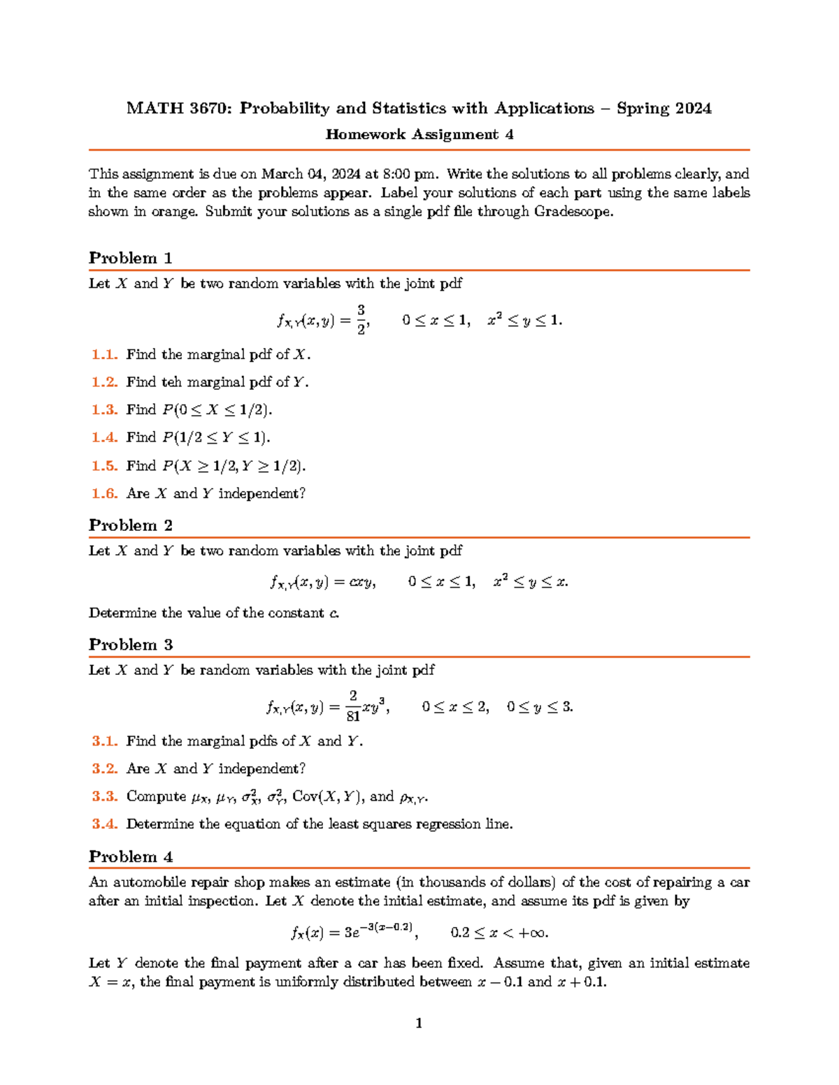 Assignment 4 - Answer key for homework 4 - MATH 3670: Probability and ...