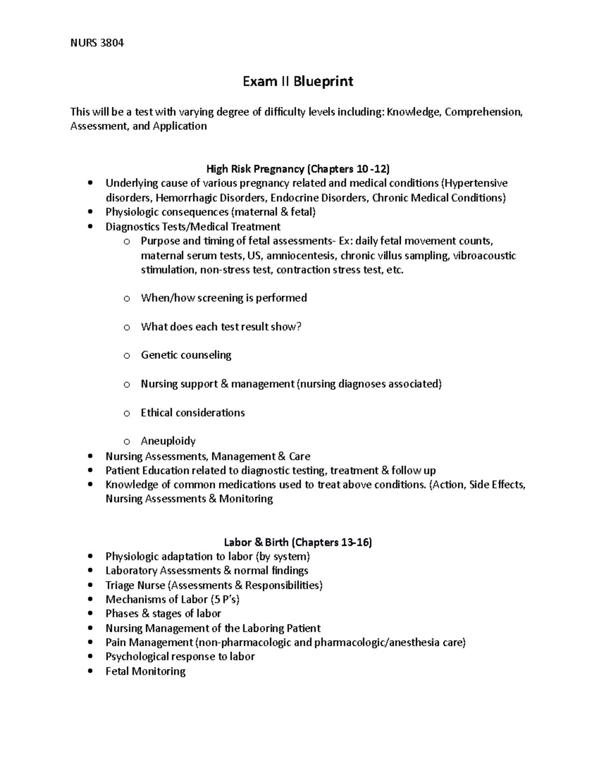 NURS 3804 FA21 Exam 2 Blueprint - NURS 3804 Exam II Blueprint This will ...