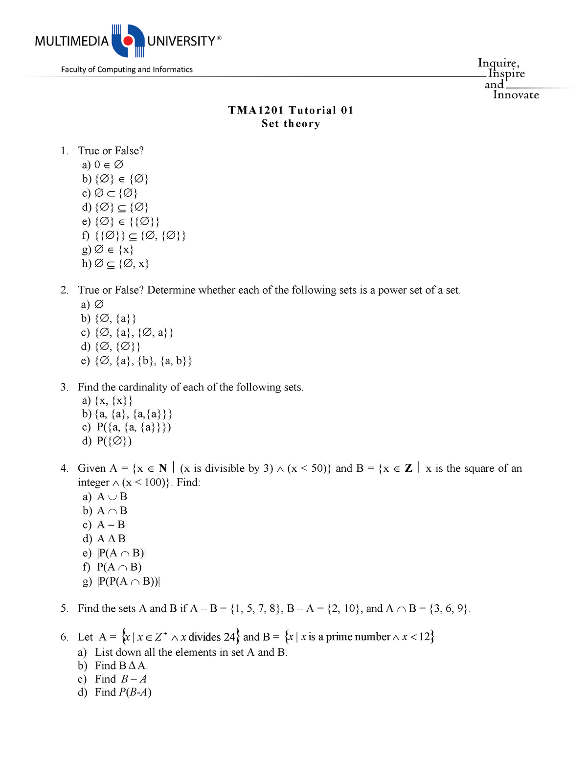 Tutorial 01 Set Theory Faculty Of Computing And Informatics Tma11 Tutorial 01 Set Theory 1 True Studocu