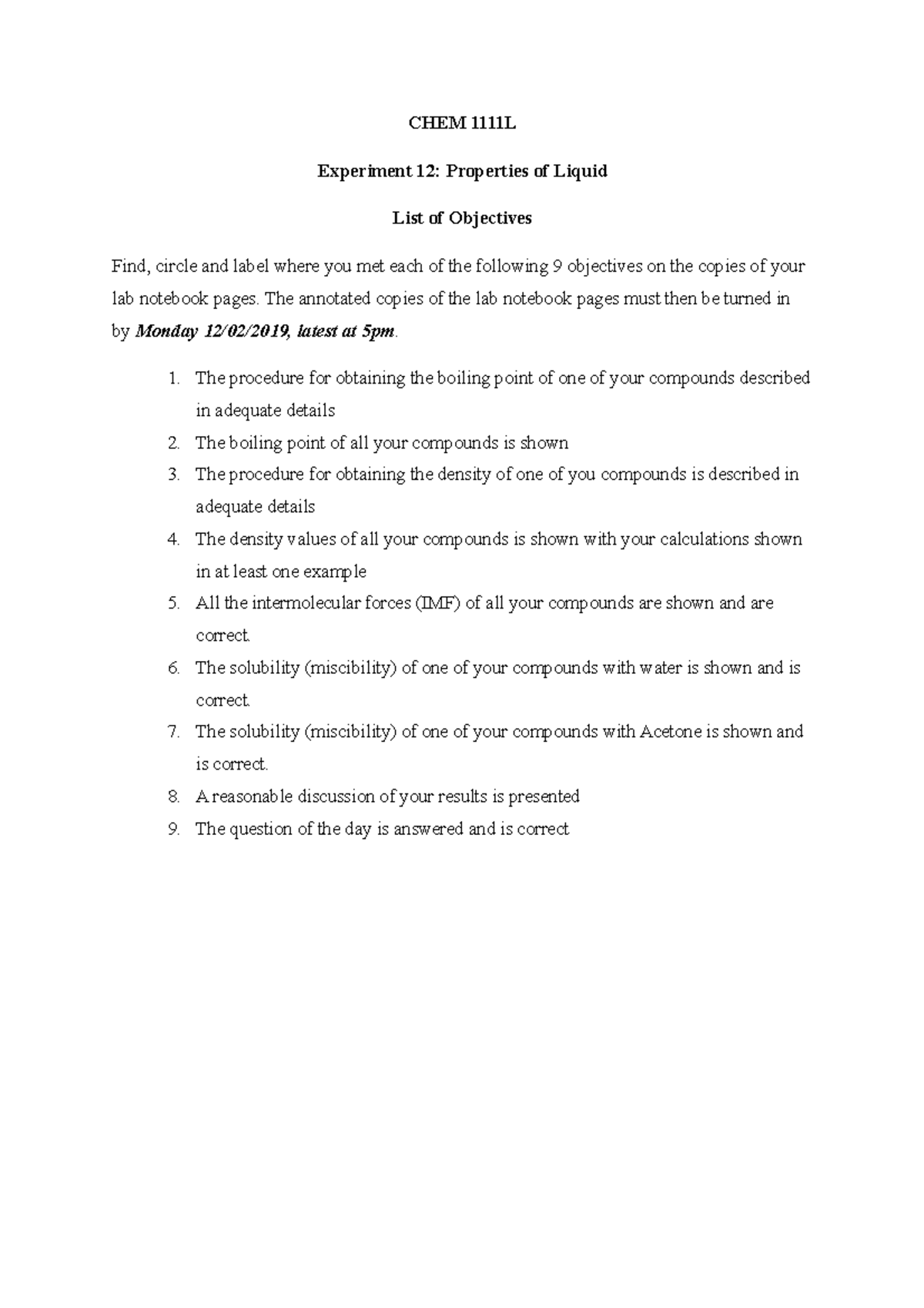 Experiment 12 Objectives - CHEM 1111L Experiment 12: Properties of ...