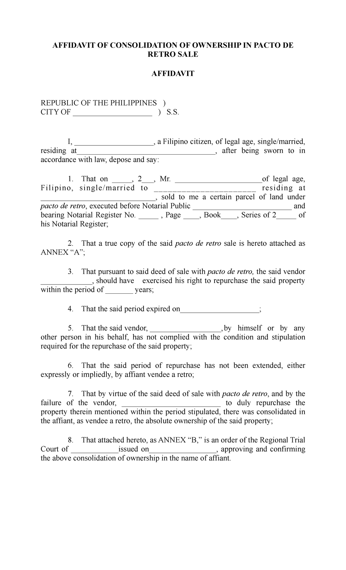 Affidavit Consolidation Pacto de Retro - AFFIDAVIT OF CONSOLIDATION OF ...