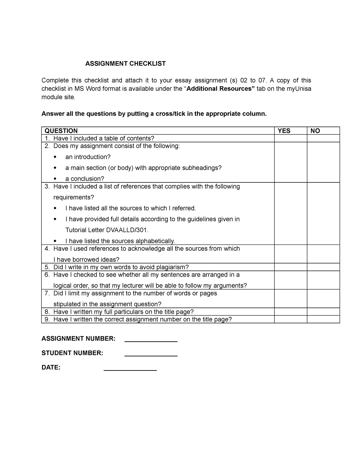 Assignment Checklist - ASSIGNMENT CHECKLIST Complete this checklist and ...