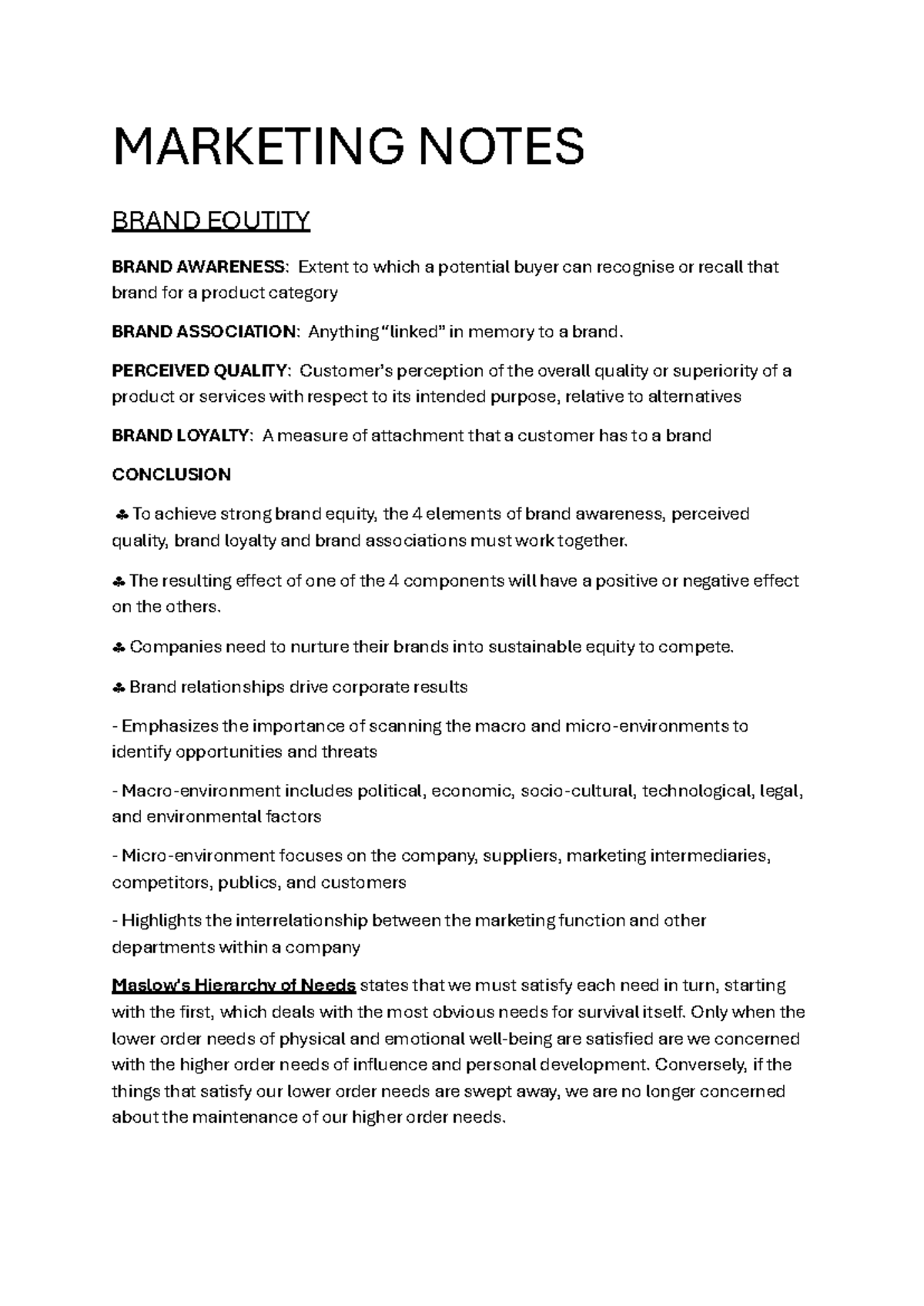 Marketing Notes - MARKETING NOTES BRAND EQUTITY BRAND AWARENESS: Extent ...
