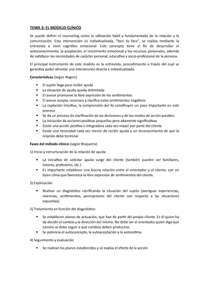 Tema 3. Modelo de clínico - TEMA 3: EL MODELO CLÍNICO Se puede definir el  counseling como la - Studocu