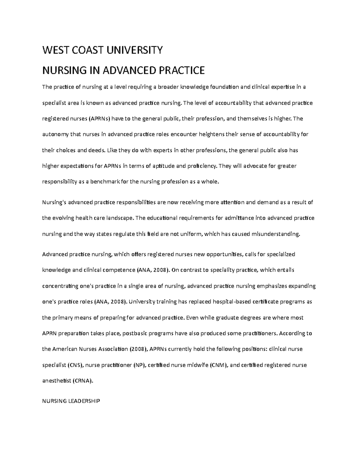 Nursing IN Advanced Practice WEST COAST UNIVERSITY NURSING IN