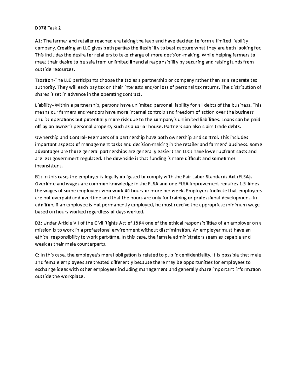 D078 Task2 - Task assignment - D078 Task 2 A1: The farmer and retailer ...