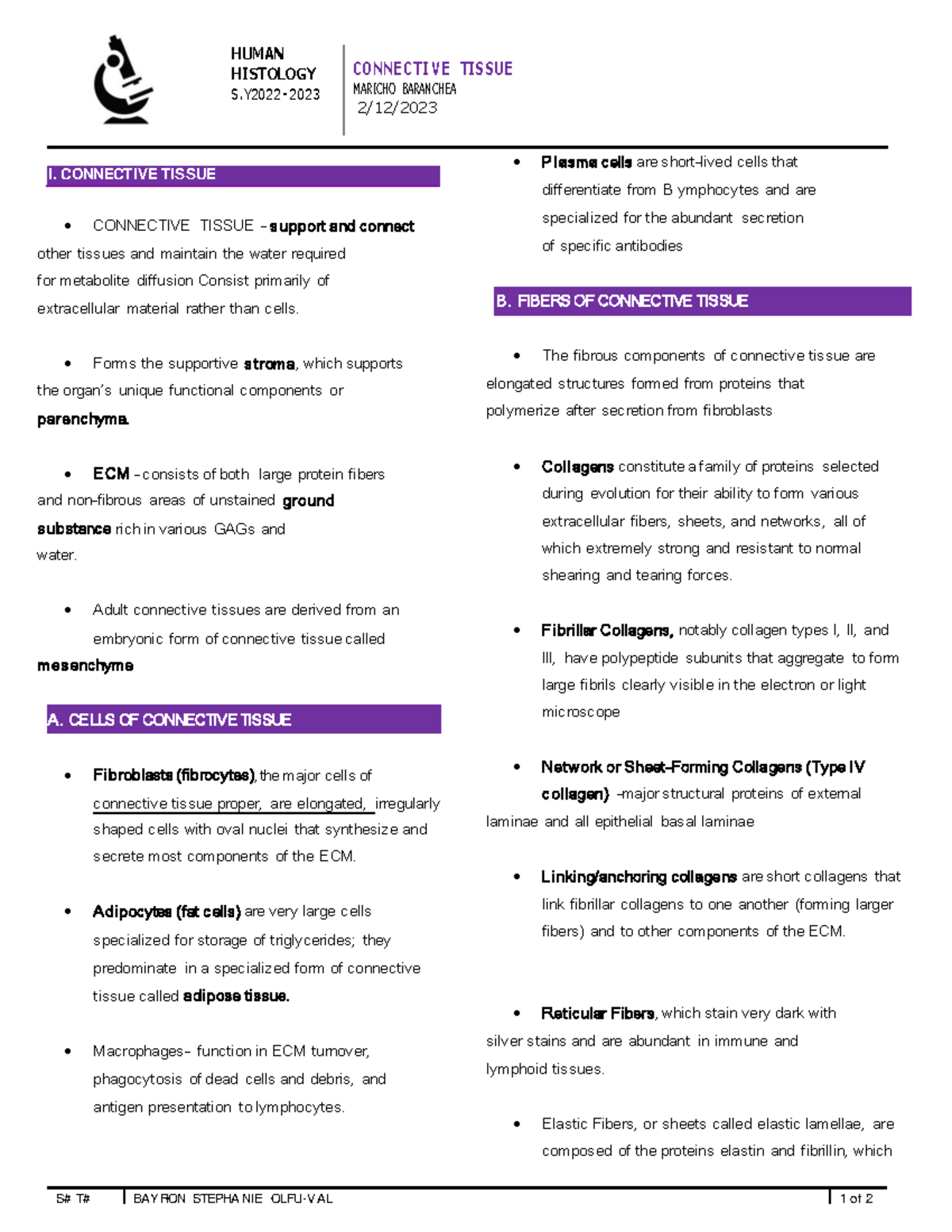 Connective Tissue Lecture - S# T# BAYRON STEPHA NIE OLFU-VAL 1 of 2 I ...