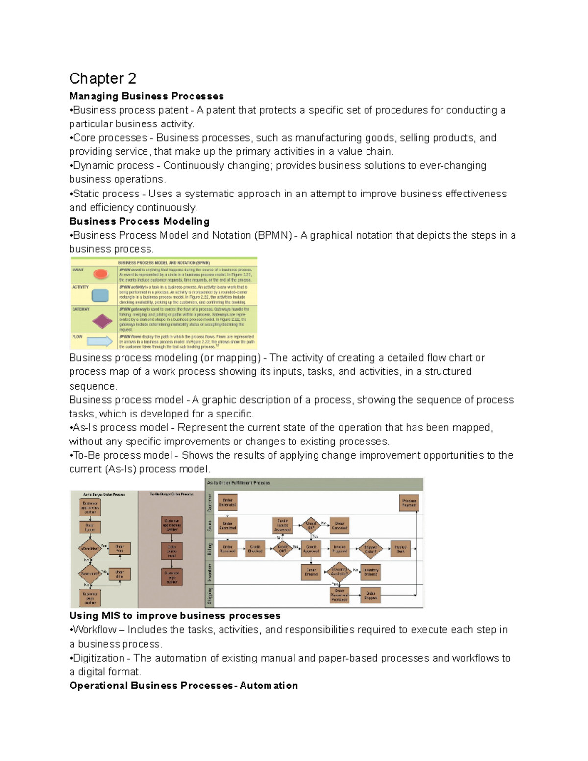 Chapter 2 - Chapter 2 Managing Business Processes •Business process ...
