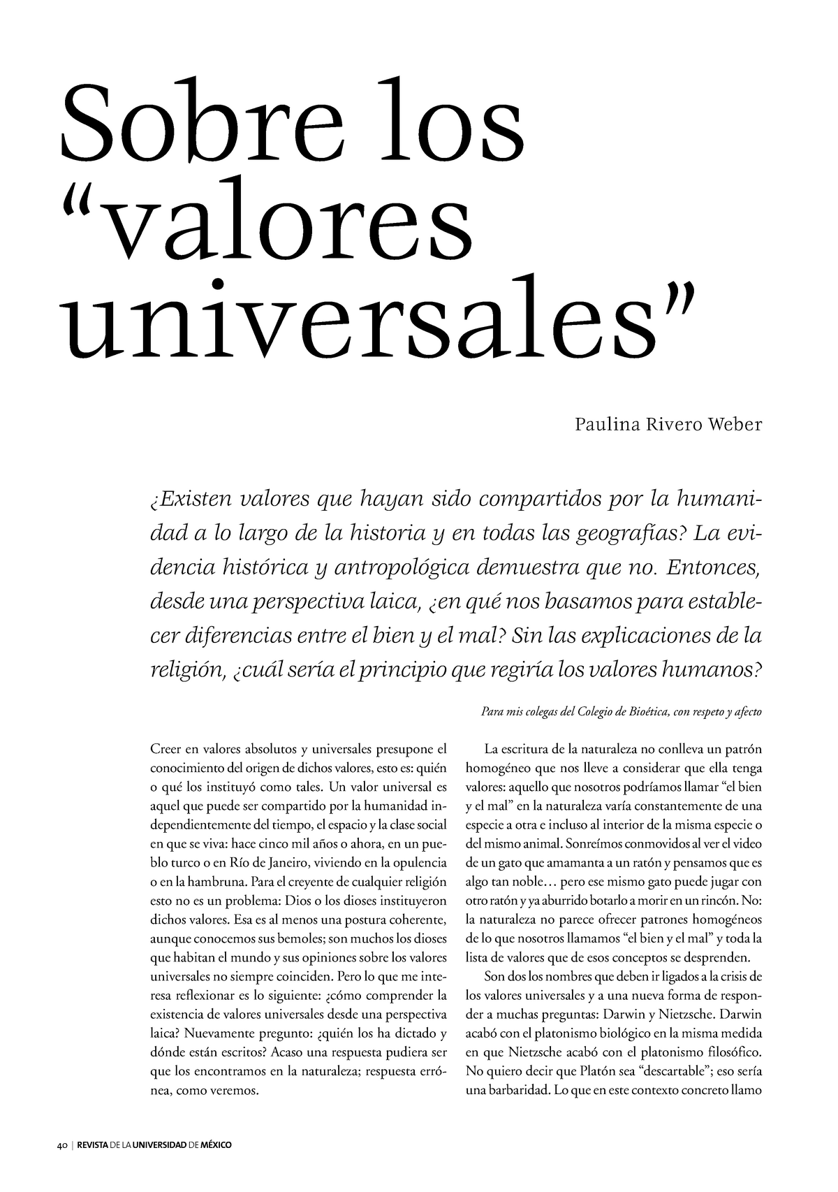 U1 Valores Universales 40 Revistade La Universidadde MÉxico Creer En Valores Absolutos Y 2584