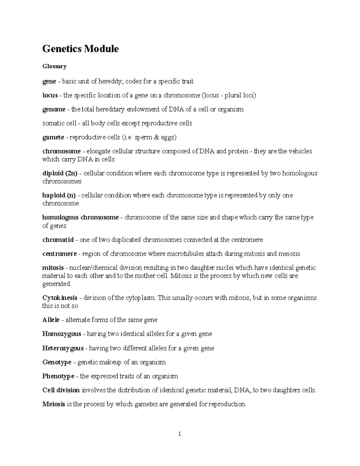 Genetics Syllabus - Genetics Module Glossary Gene - Basic Unit Of ...