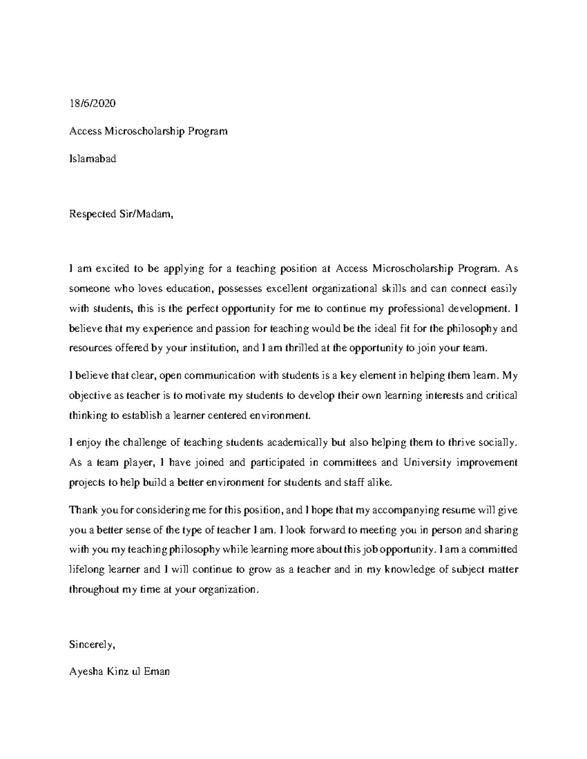 Cover letter - 18/6/ Access Microscholarship Program Islamabad ...