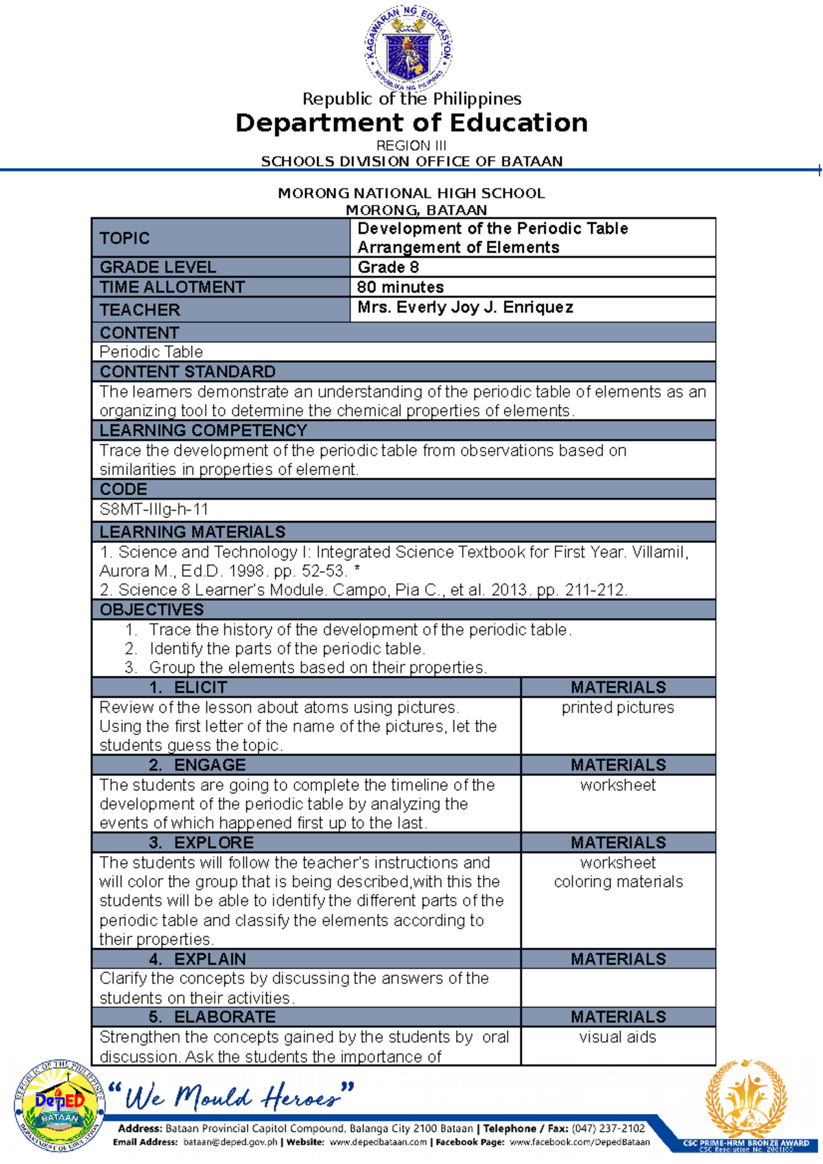 Lp Periodic Table Lesson Plan Republic Of The Philippines Department Of Education Region Iii