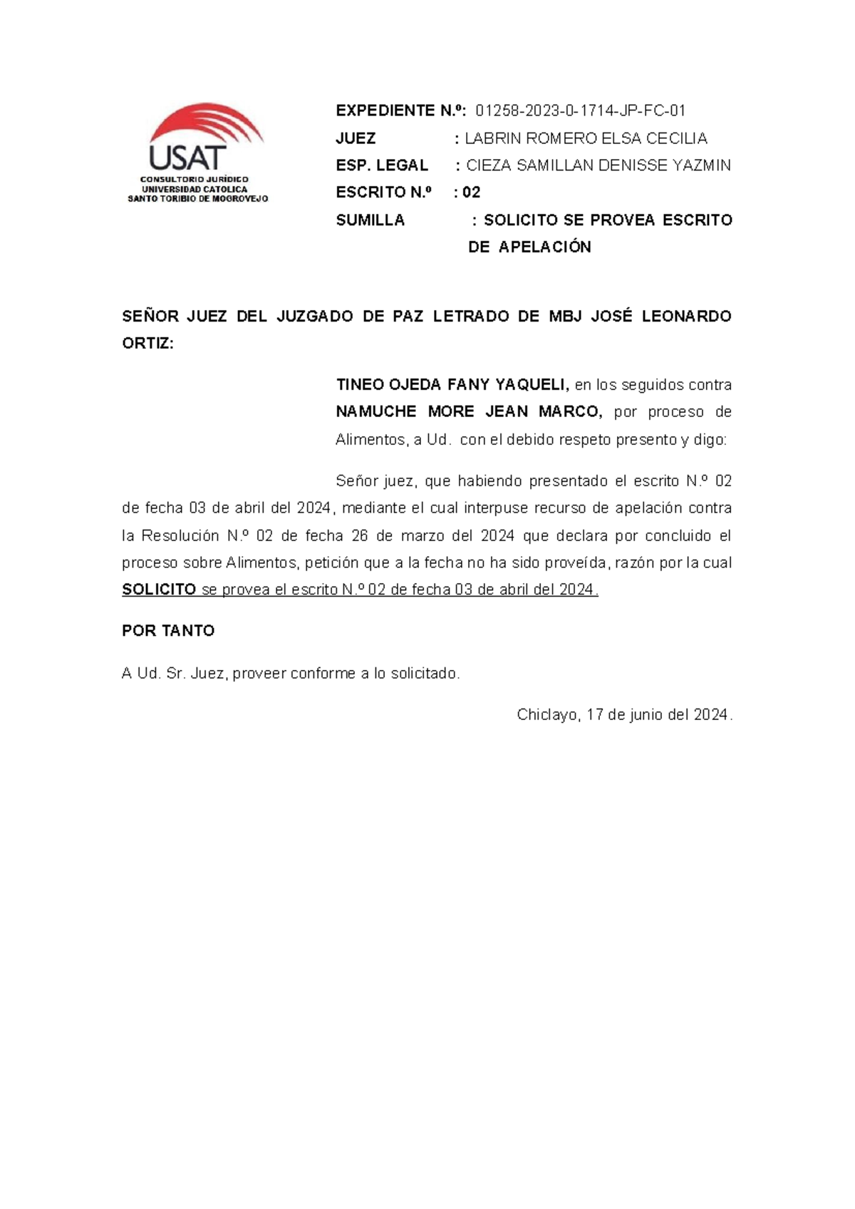 Solicito Proveer Escrito CASO Yaqueli - EXPEDIENTE N.º: 01258-2023-0 ...