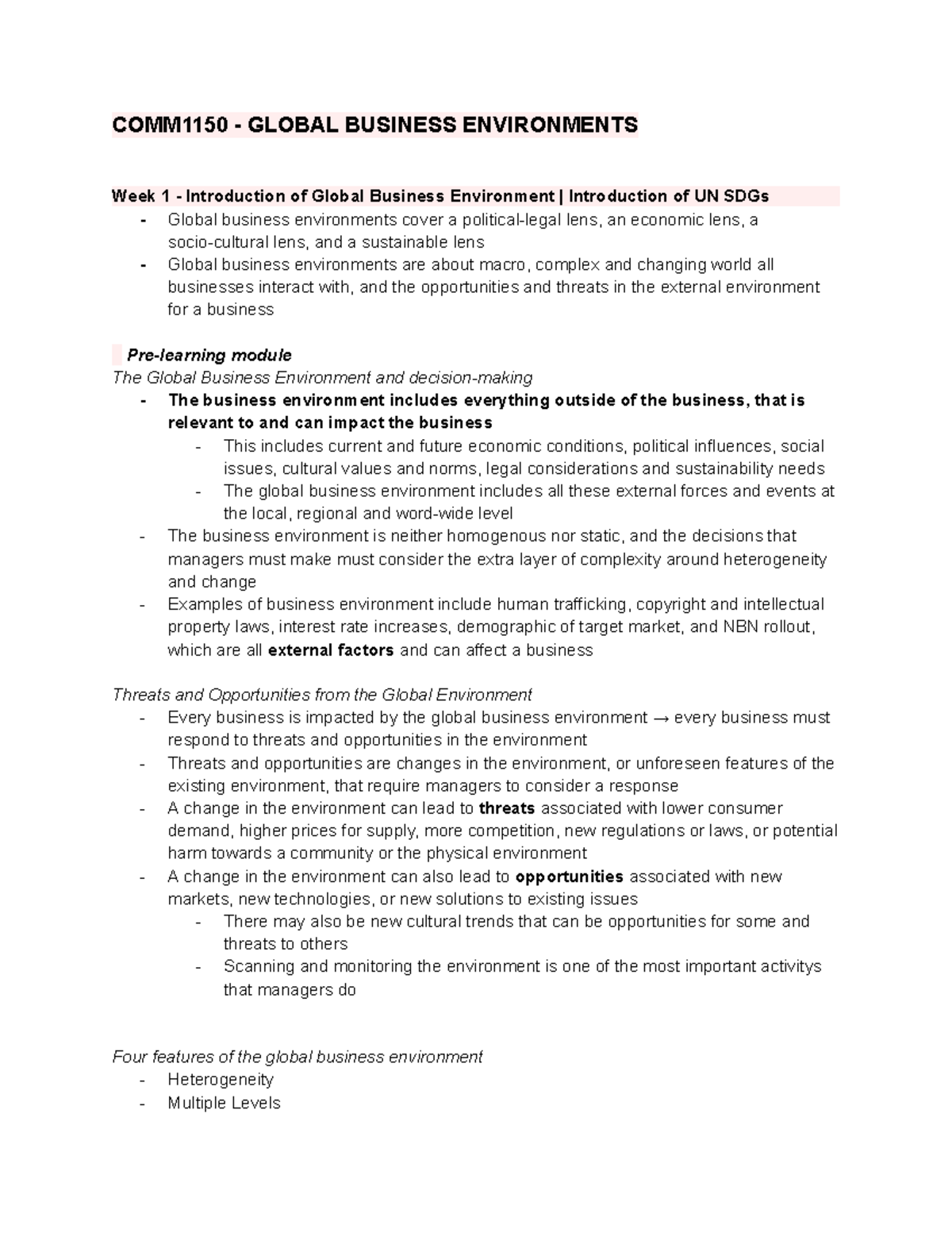 COMM1150 Notes - COMM1150 - GLOBAL BUSINESS ENVIRONMENTS Week 1 ...