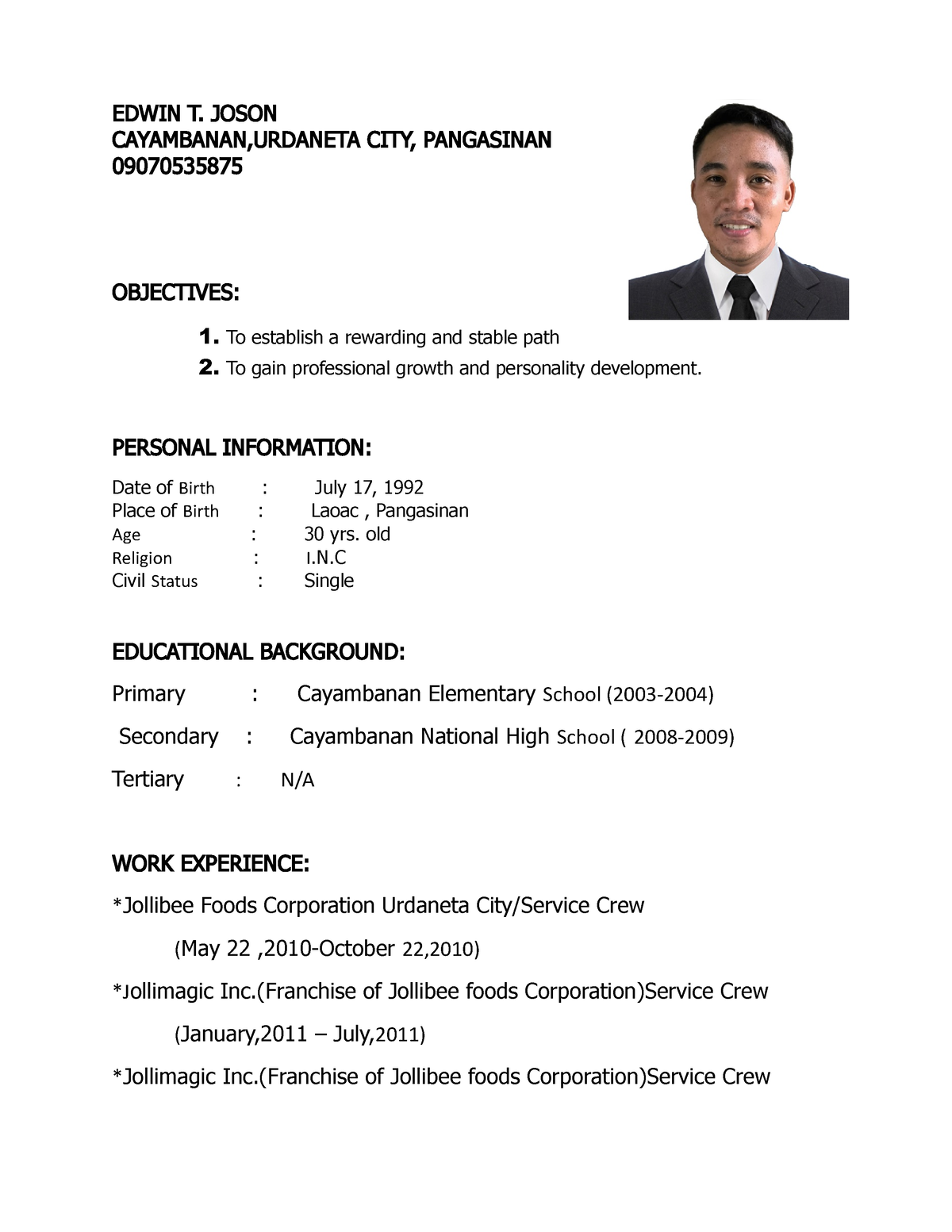 Resume edwin - ARCHITECTURE - EDWIN T. JOSON CAYAMBANAN,URDANETA CITY ...