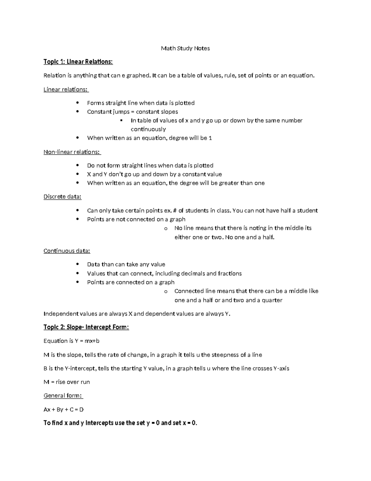 Math Study Notes Math Study Notes Topic 1 Linear Relations Relation