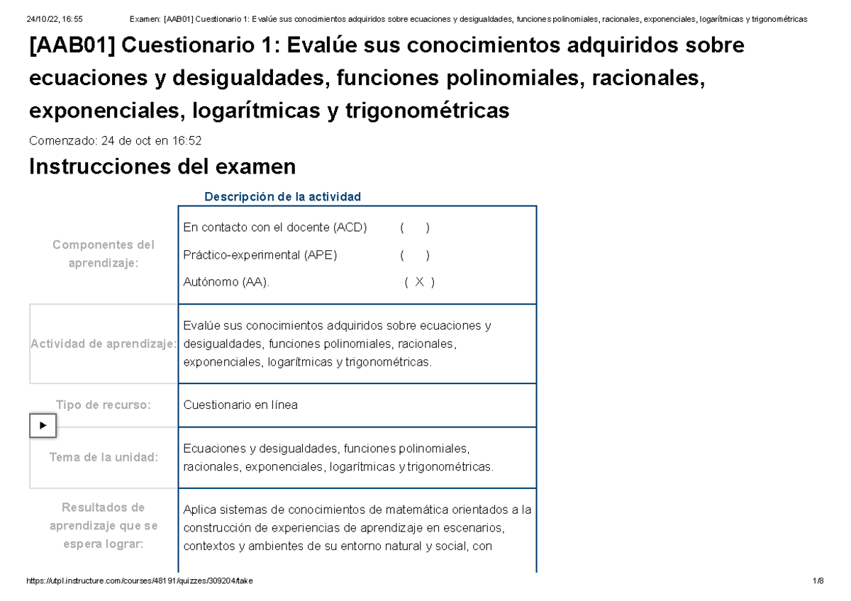 Cuestionario 1 - ( X ) Actividad De Aprendizaje: Evalúe Sus ...