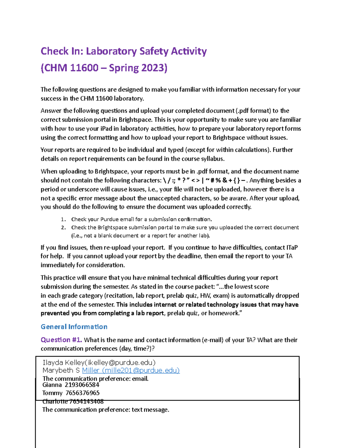 CHM 116 Check In Activity SP23 Check In Laboratory Safety